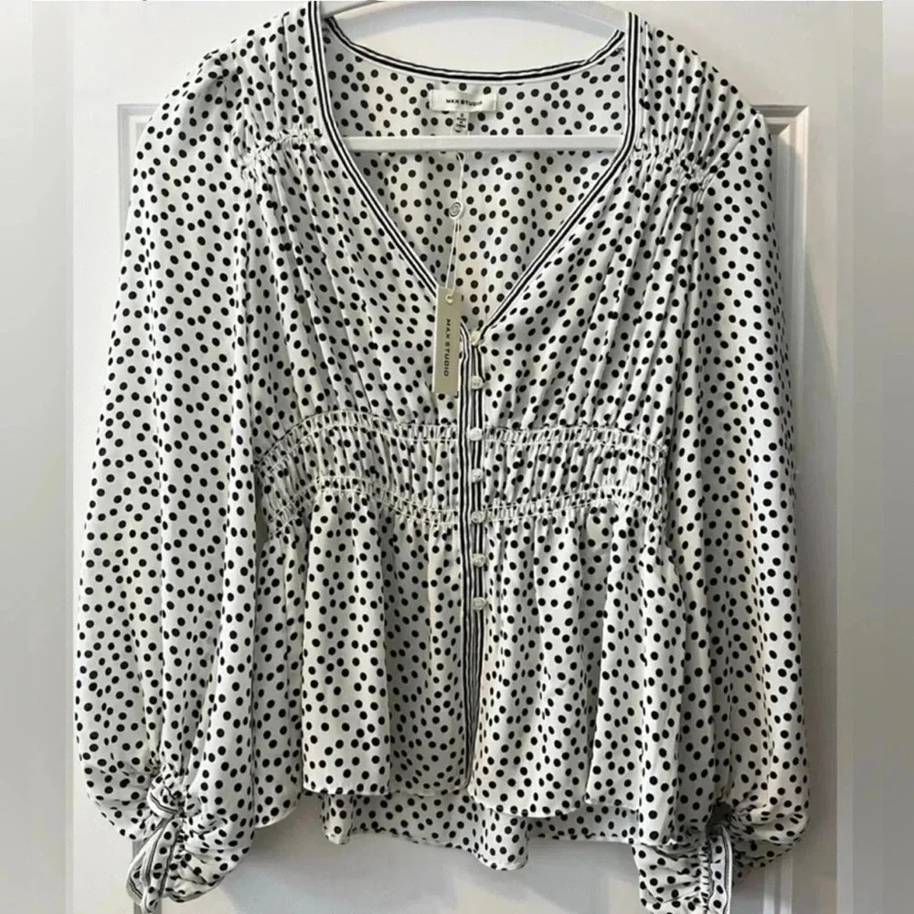 NWT Max Studio Polka Dot Peplum Blouse Smocked Waist Size Small